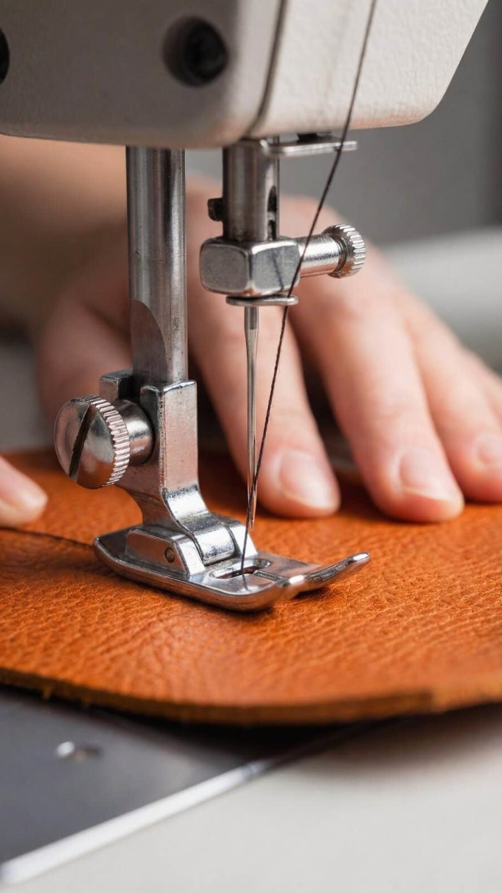 close up professional industrial sewing machine stitching brown leather workshop craftsmanship process studio hands 453409306