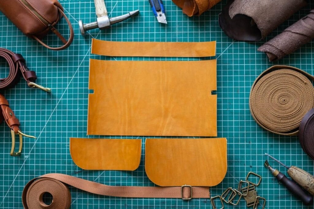 process cutting scheme bag equipment materials male tanner working leather workshop top view craftsman hands 223659987